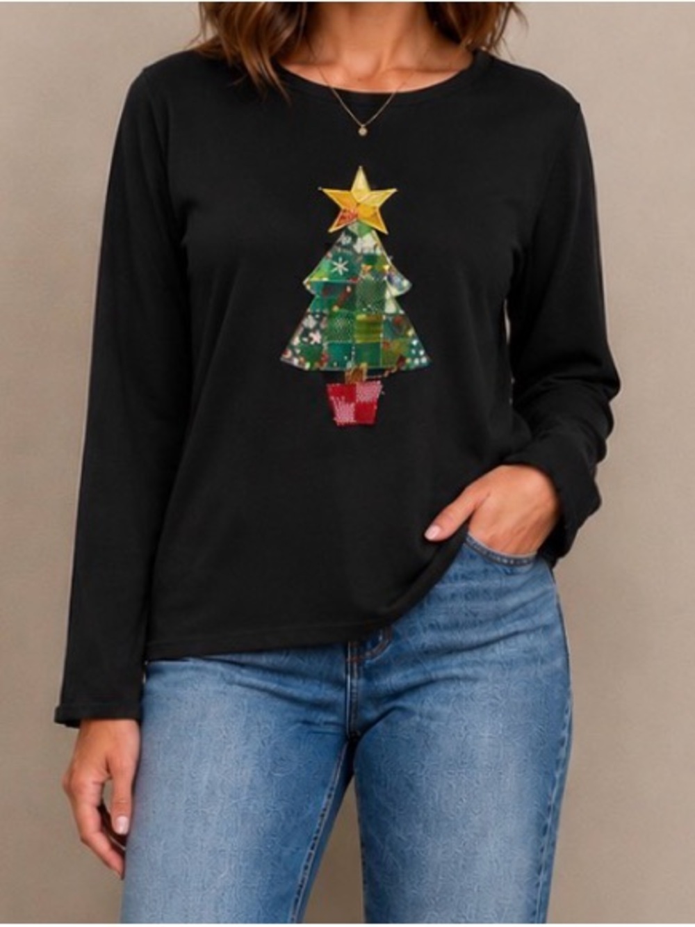 Vintage Quacker Factory Sweater Christmas Tree Quilted Patchwork Beaded Grandma